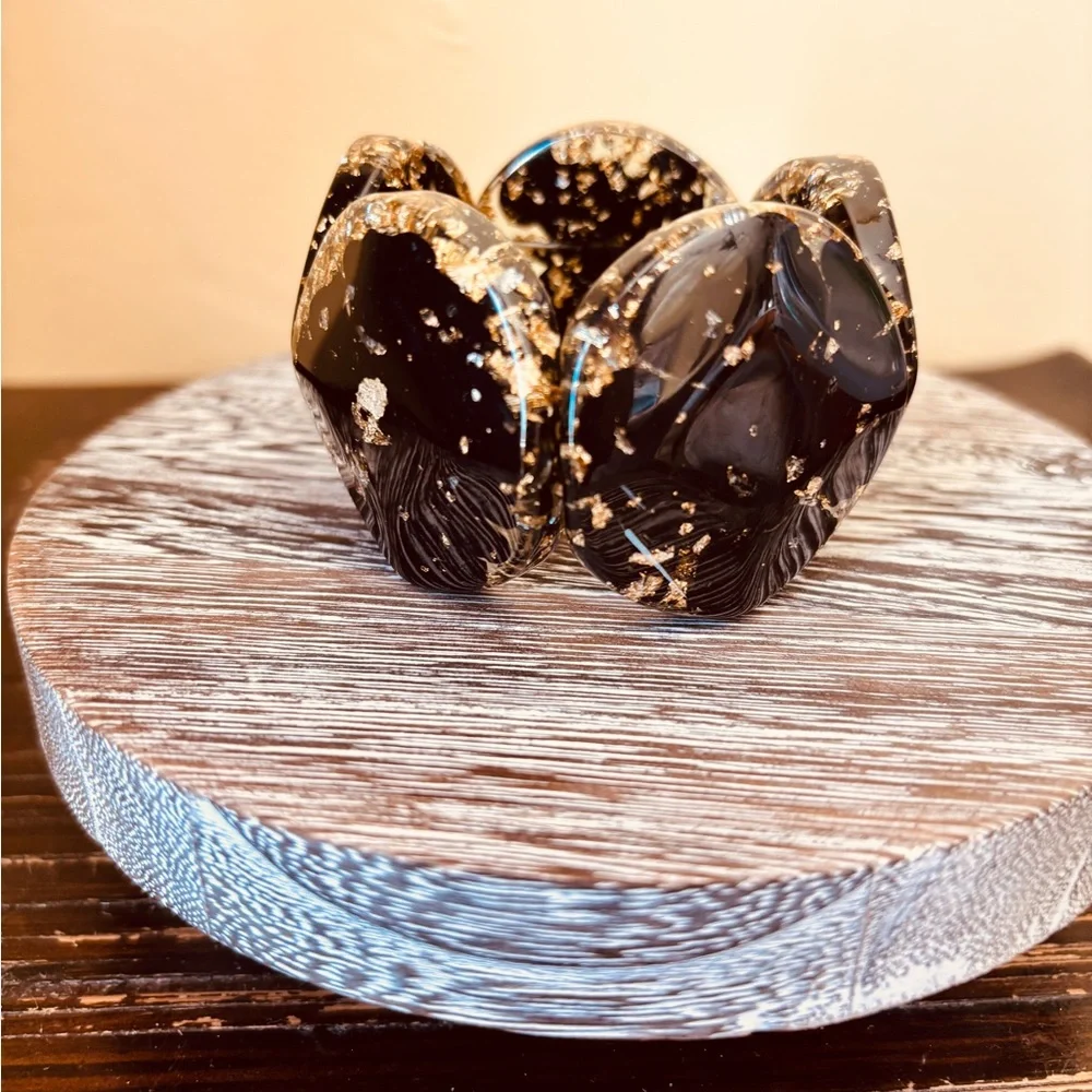Black & Gold Chunky Statement Stretch Bracelet | Bold Resin Cuff Style - Picture 2 of 3